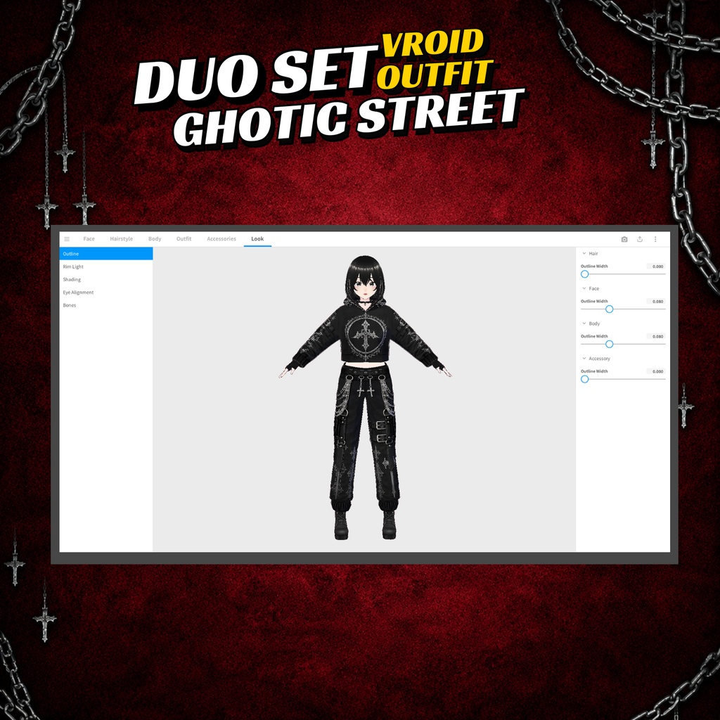 VRoid Gothic Street Couple Outfit | Gothic Duo Clothing | Dark Cross Hoodie | Alternative Streetwear | VTuber Fashion | 3D Custom Outfit