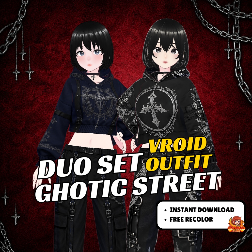 VRoid Gothic Street Couple Outfit | Gothic Duo Clothing | Dark Cross Hoodie | Alternative Streetwear | VTuber Fashion | 3D Custom Outfit