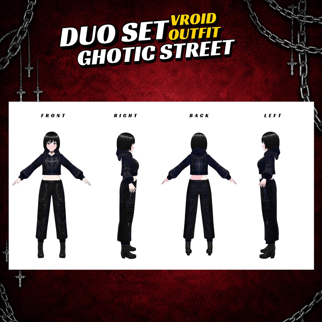 VRoid Gothic Street Couple Outfit | Gothic Duo Clothing | Dark Cross Hoodie | Alternative Streetwear | VTuber Fashion | 3D Custom Outfit