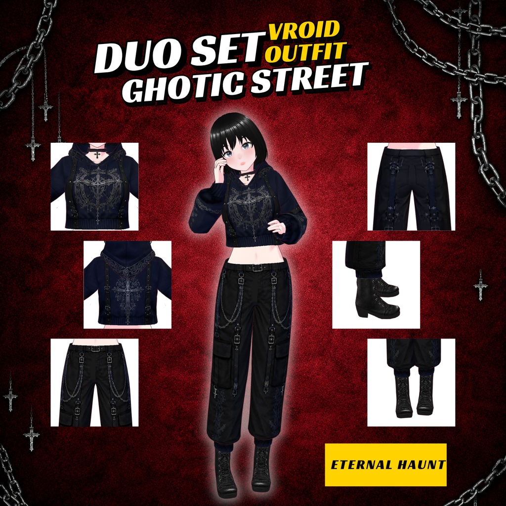 VRoid Gothic Street Couple Outfit | Gothic Duo Clothing | Dark Cross Hoodie | Alternative Streetwear | VTuber Fashion | 3D Custom Outfit