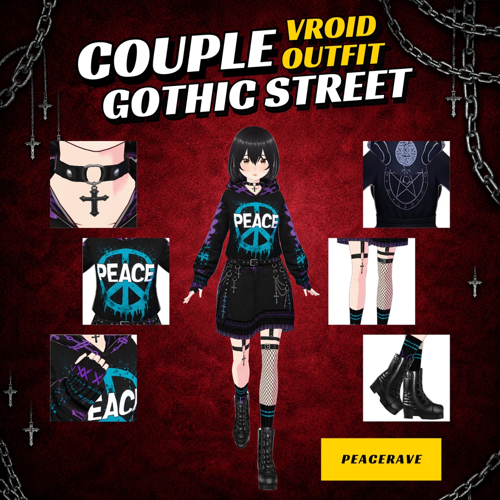 VRoid Gothic Streetwear Custom | Matching Set Graphic Hoodie & Skirt Women | Vrchat Avatar | Fantasy VTuber Model | 3D Outfit for Anime