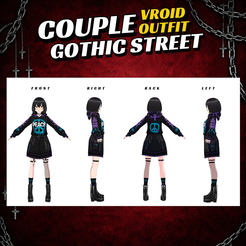 VRoid Gothic Streetwear Custom | Matching Set Graphic Hoodie & Skirt Women | Vrchat Avatar | Fantasy VTuber Model | 3D Outfit for Anime