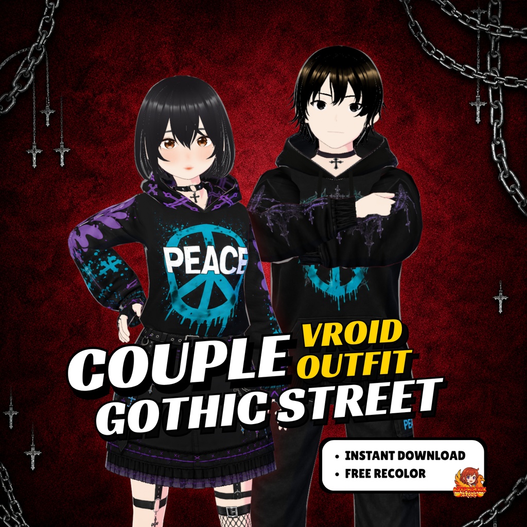 VRoid Gothic Streetwear Custom | Matching Set Graphic Hoodie & Skirt Women | Vrchat Avatar | Fantasy VTuber Model | 3D Outfit for Anime