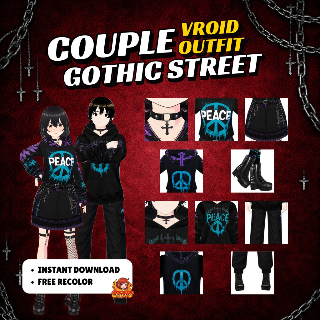 VRoid Gothic Streetwear Custom | Matching Set Graphic Hoodie & Skirt Women | Vrchat Avatar | Fantasy VTuber Model | 3D Outfit for Anime