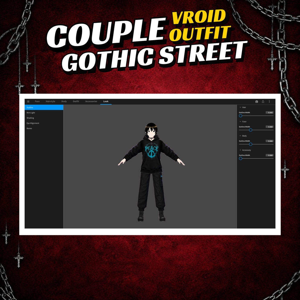 VRoid Gothic Streetwear Custom | Matching Set Graphic Hoodie & Skirt Women | Vrchat Avatar | Fantasy VTuber Model | 3D Outfit for Anime