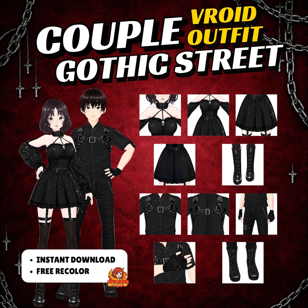 Gothic Streetwear Clothing Couple VRoid Outfit Pack Couple shirts Matching VTuber Customable VRChat Avatar Asset Bundle (Digital Download)