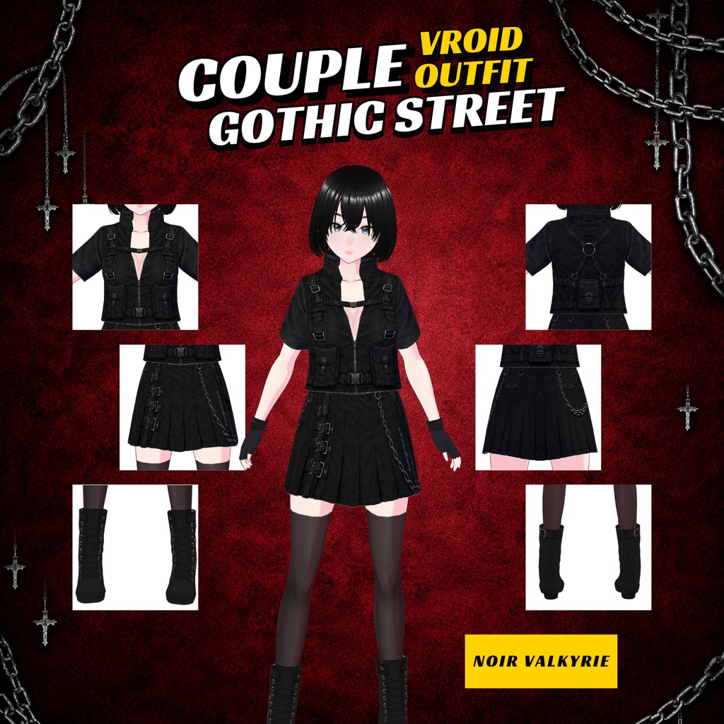 VRoid Gothic Street clothing Couple Pack| Tactical Vest, Harness belt chains Skirt, accesories Boots chemist(Digital Download)