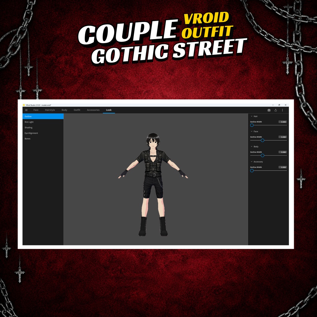 VRoid Gothic Street clothing Couple Pack| Tactical Vest, Harness belt chains Skirt, accesories Boots chemist(Digital Download)