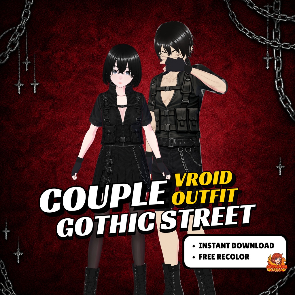 VRoid Gothic Street clothing Couple Pack| Tactical Vest, Harness belt chains Skirt, accesories Boots  chemist(Digital Download)