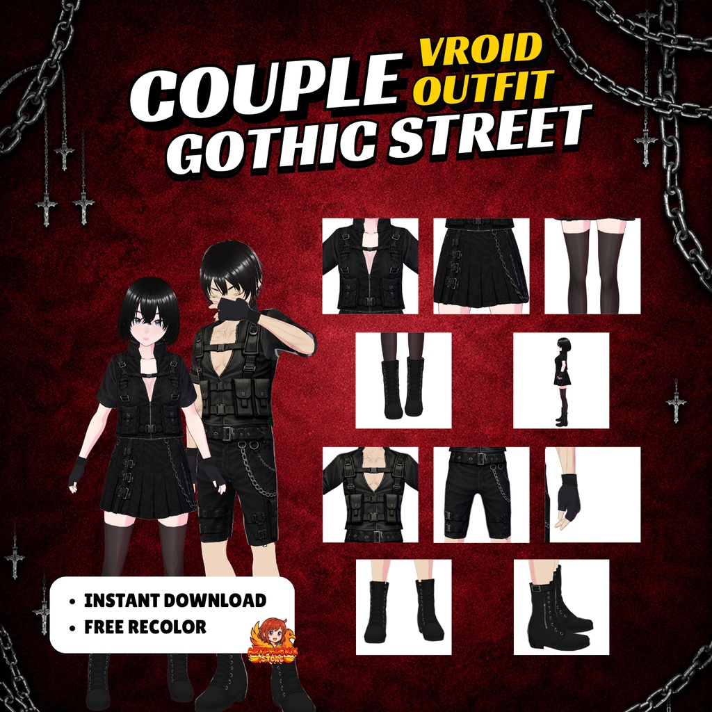 VRoid Gothic Street clothing Couple Pack| Tactical Vest, Harness belt chains Skirt, accesories Boots chemist(Digital Download)