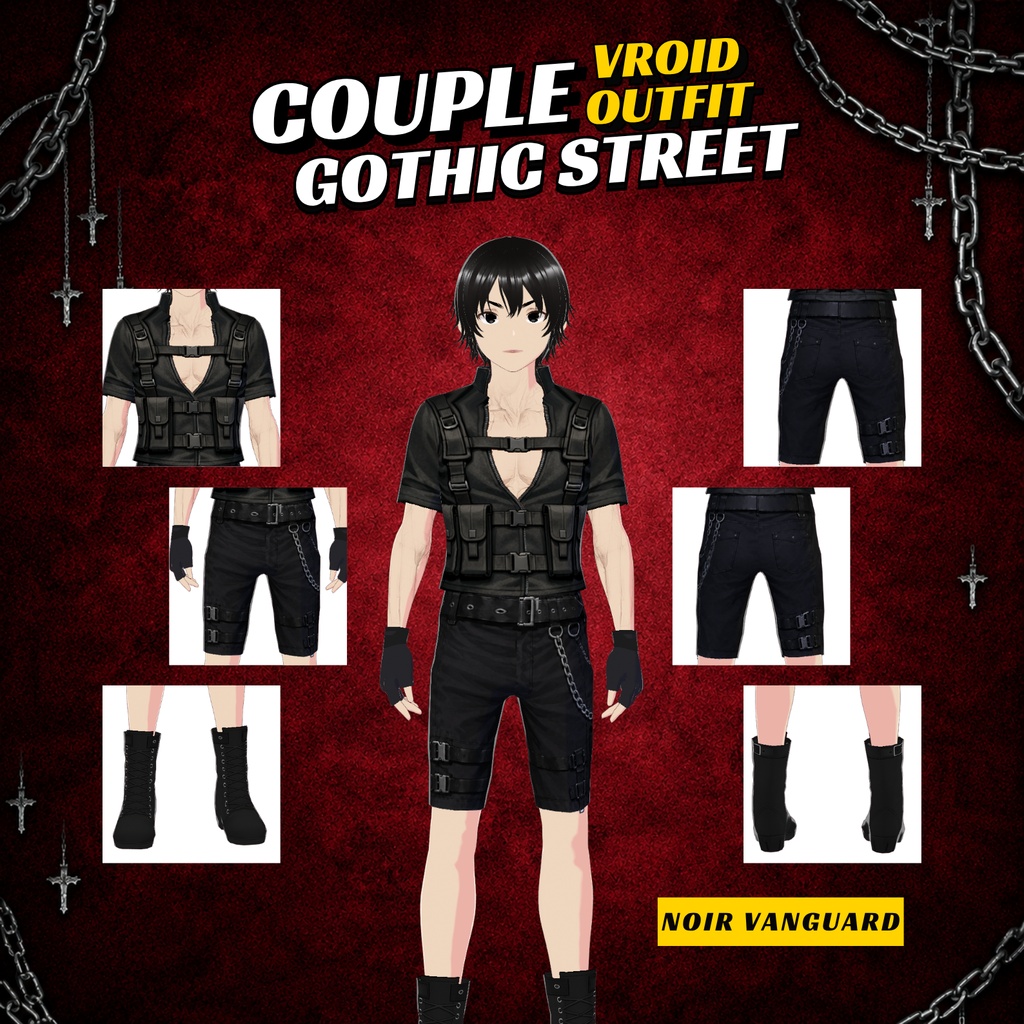 VRoid Gothic Street clothing Couple Pack| Tactical Vest, Harness belt chains Skirt, accesories Boots chemist(Digital Download)