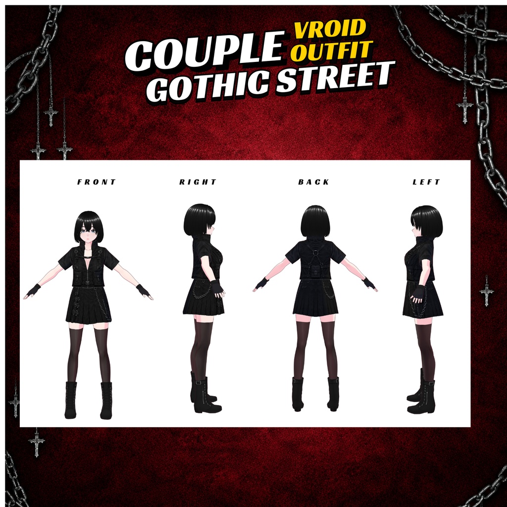 VRoid Gothic Street clothing Couple Pack| Tactical Vest, Harness belt chains Skirt, accesories Boots chemist(Digital Download)
