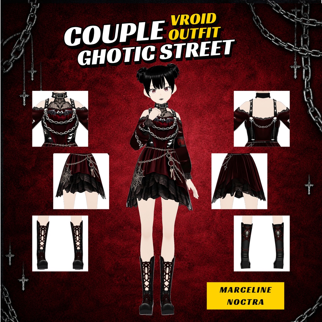 Clothing Dress Gothic Custome VRoid Street Couple Outfit | Red Black Matching VTuber (Digital Download)