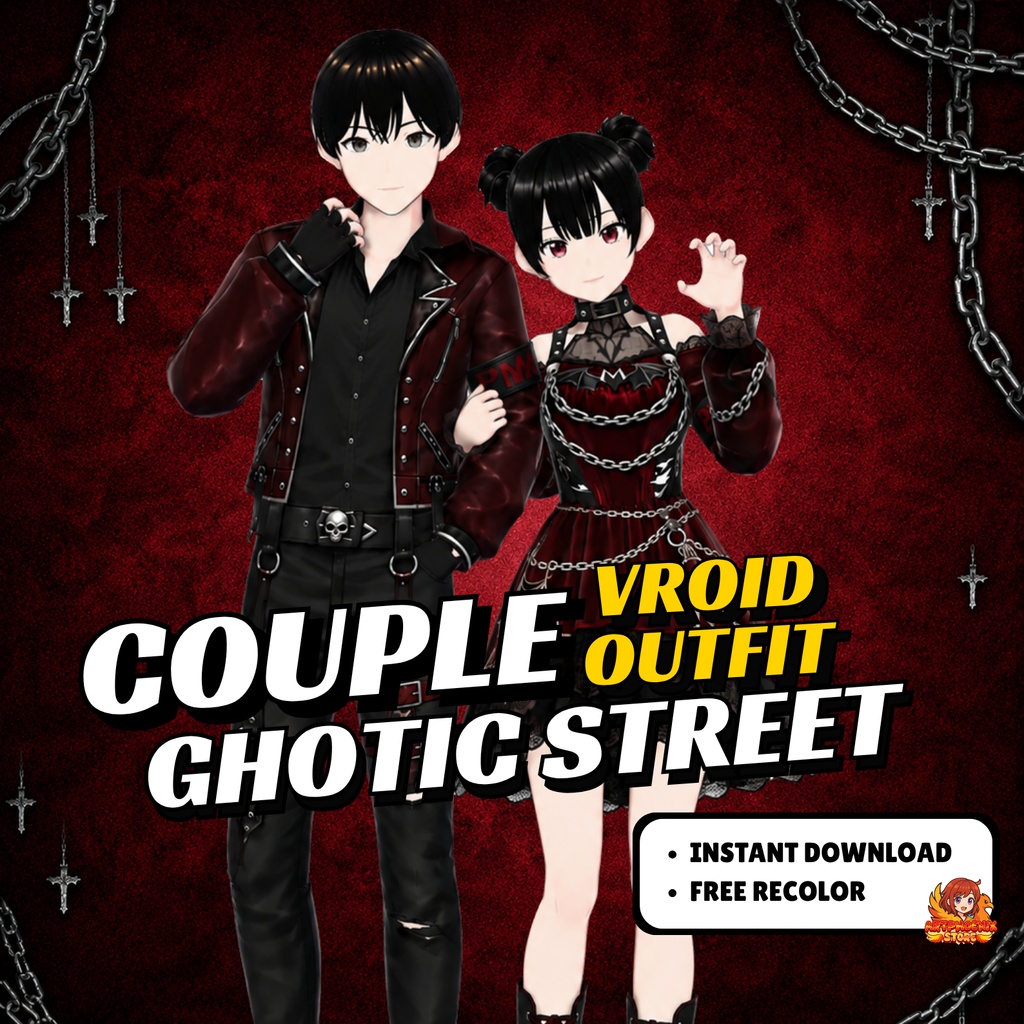Clothing Dress Gothic Custome VRoid Street Couple Outfit | Red Black Matching VTuber  (Digital Download)