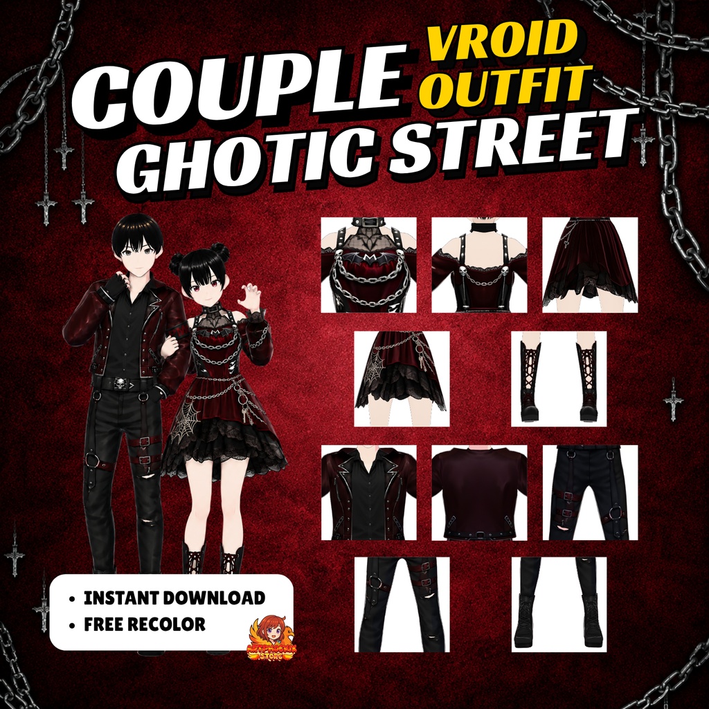 Clothing Dress Gothic Custome VRoid Street Couple Outfit | Red Black Matching VTuber (Digital Download)