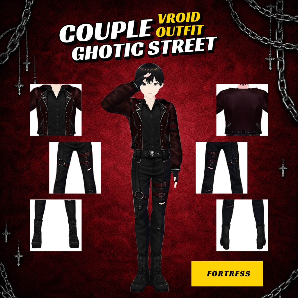 Clothing Dress Gothic Custome VRoid Street Couple Outfit | Red Black Matching VTuber (Digital Download)