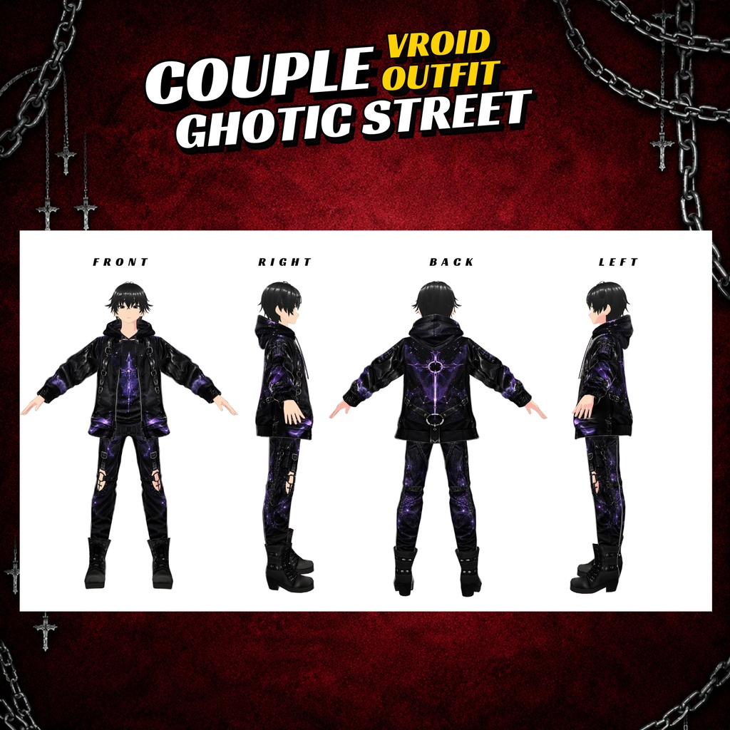 VRoid Goth Dress Couple Street Outfits | Cosmic Galaxy Leather Jacket Set (Digital Download)