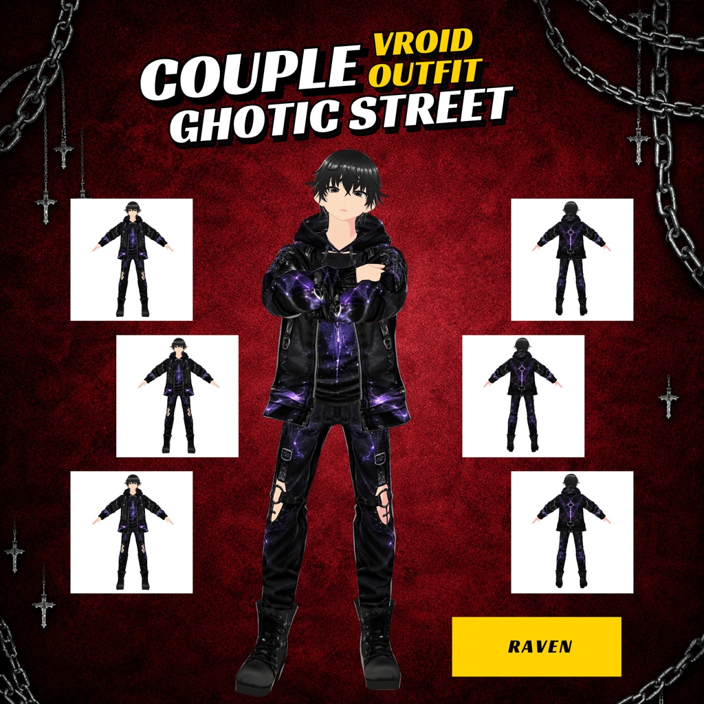 VRoid Goth Dress Couple Street Outfits | Cosmic Galaxy Leather Jacket Set (Digital Download)