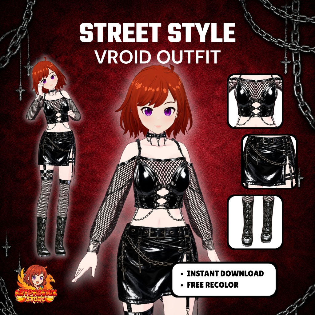 Clothes Gothic Streetwear VRoid Outfit | Punk Leather Skirt Set, Fishnet (Digital Download)