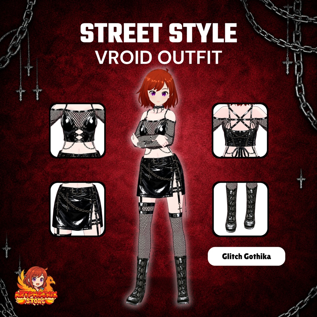 Clothes Gothic Streetwear VRoid Outfit | Punk Leather Skirt Set, Fishnet (Digital Download)