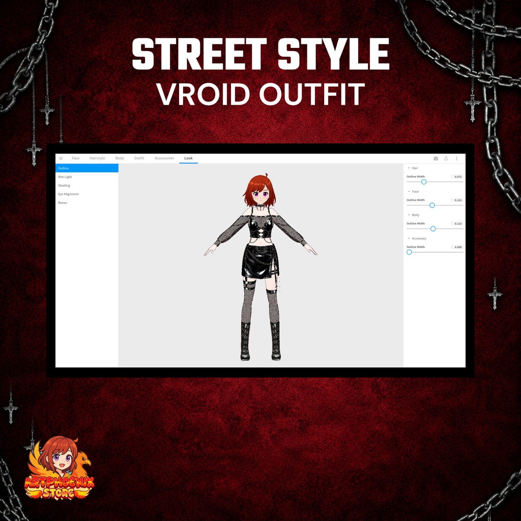 Clothes Gothic Streetwear VRoid Outfit | Punk Leather Skirt Set, Fishnet (Digital Download)