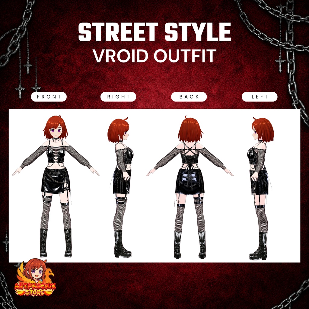 Clothes Gothic Streetwear VRoid Outfit | Punk Leather Skirt Set, Fishnet (Digital Download)