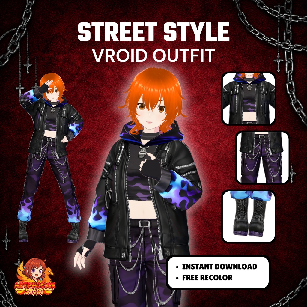 VRoid Fire Outfit Dark Streetwear  | Neon Flame Jacket, Cargo Pants (Digital Download)