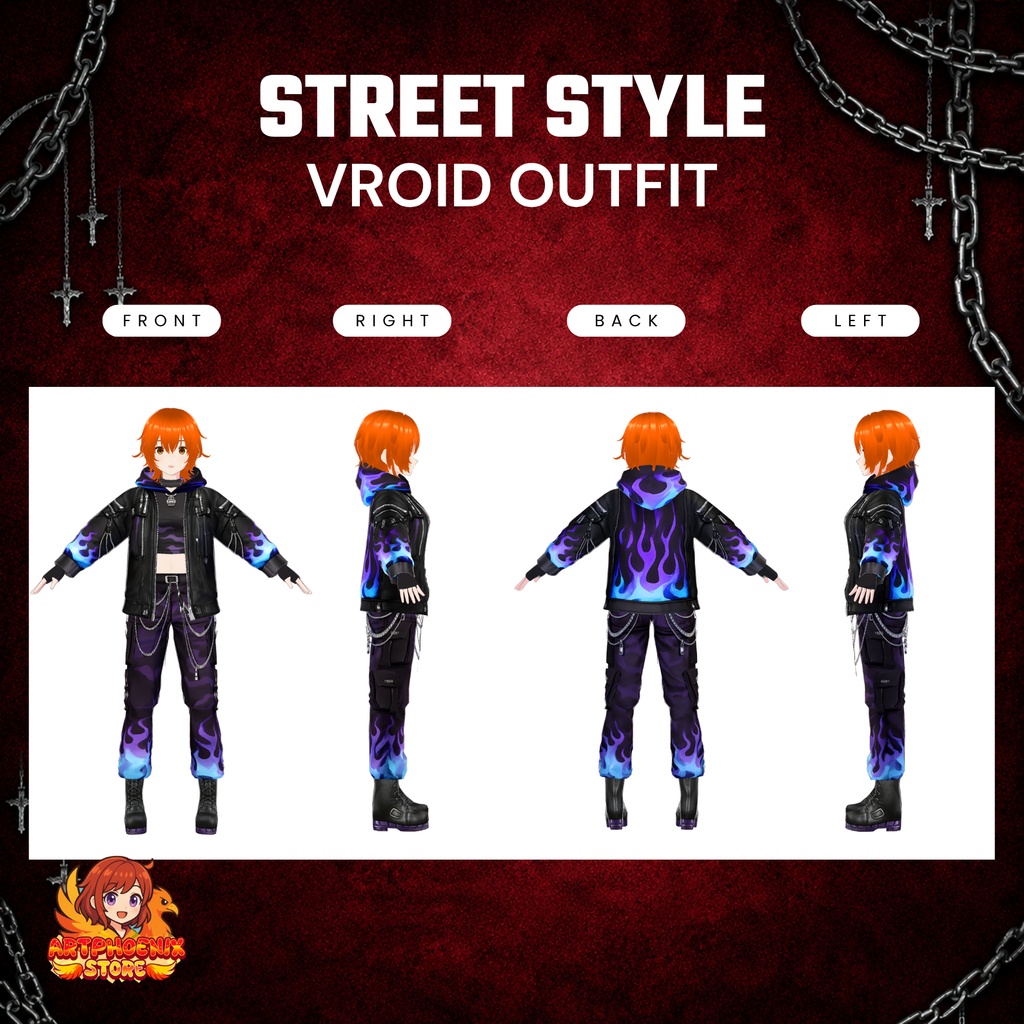 VRoid Fire Outfit Dark Streetwear | Neon Flame Jacket, Cargo Pants (Digital Download)