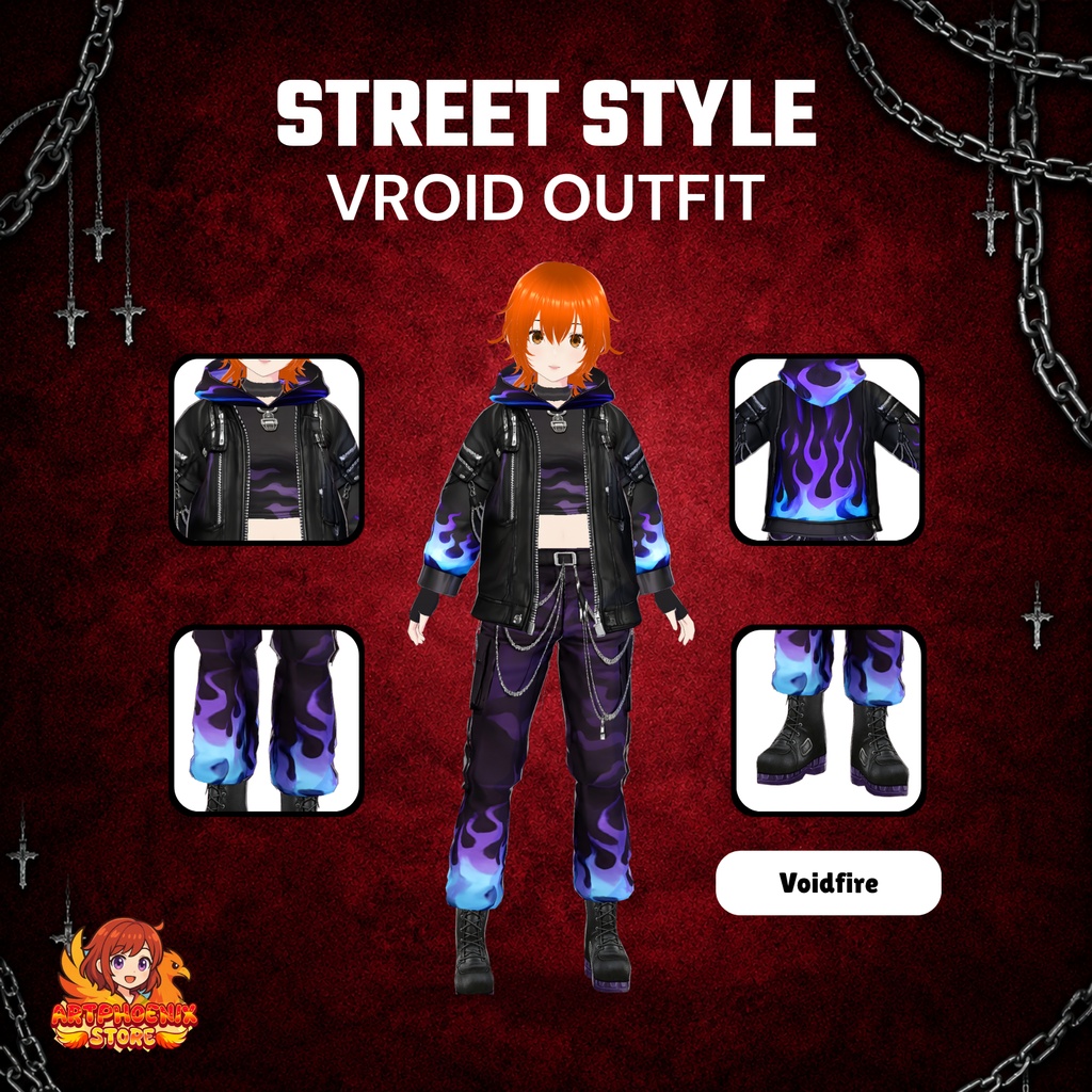 VRoid Fire Outfit Dark Streetwear | Neon Flame Jacket, Cargo Pants (Digital Download)