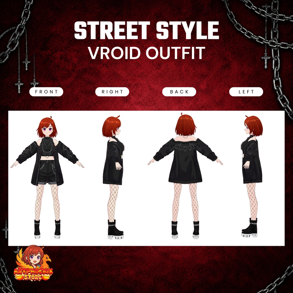 VRoid Gothic Streetwear Outfit | Dark Bat Motif VTuber Fashion (Digital Download)