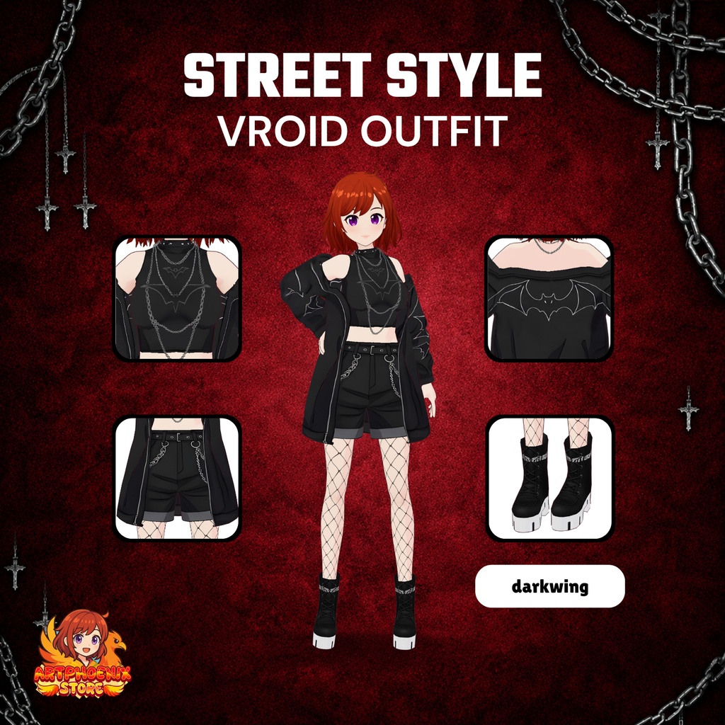 VRoid Gothic Streetwear Outfit | Dark Bat Motif VTuber Fashion (Digital Download)