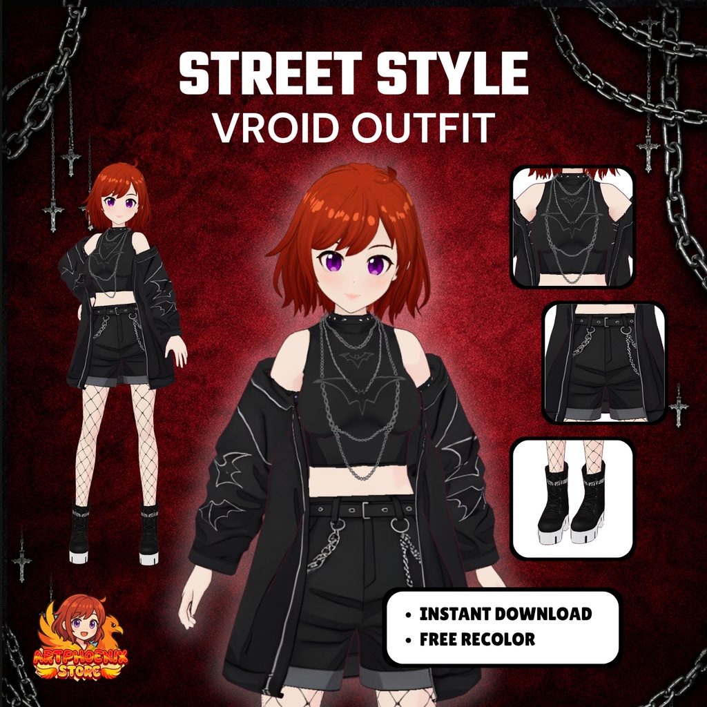 VRoid Gothic Streetwear Outfit | Dark Bat Motif VTuber Fashion (Digital Download)