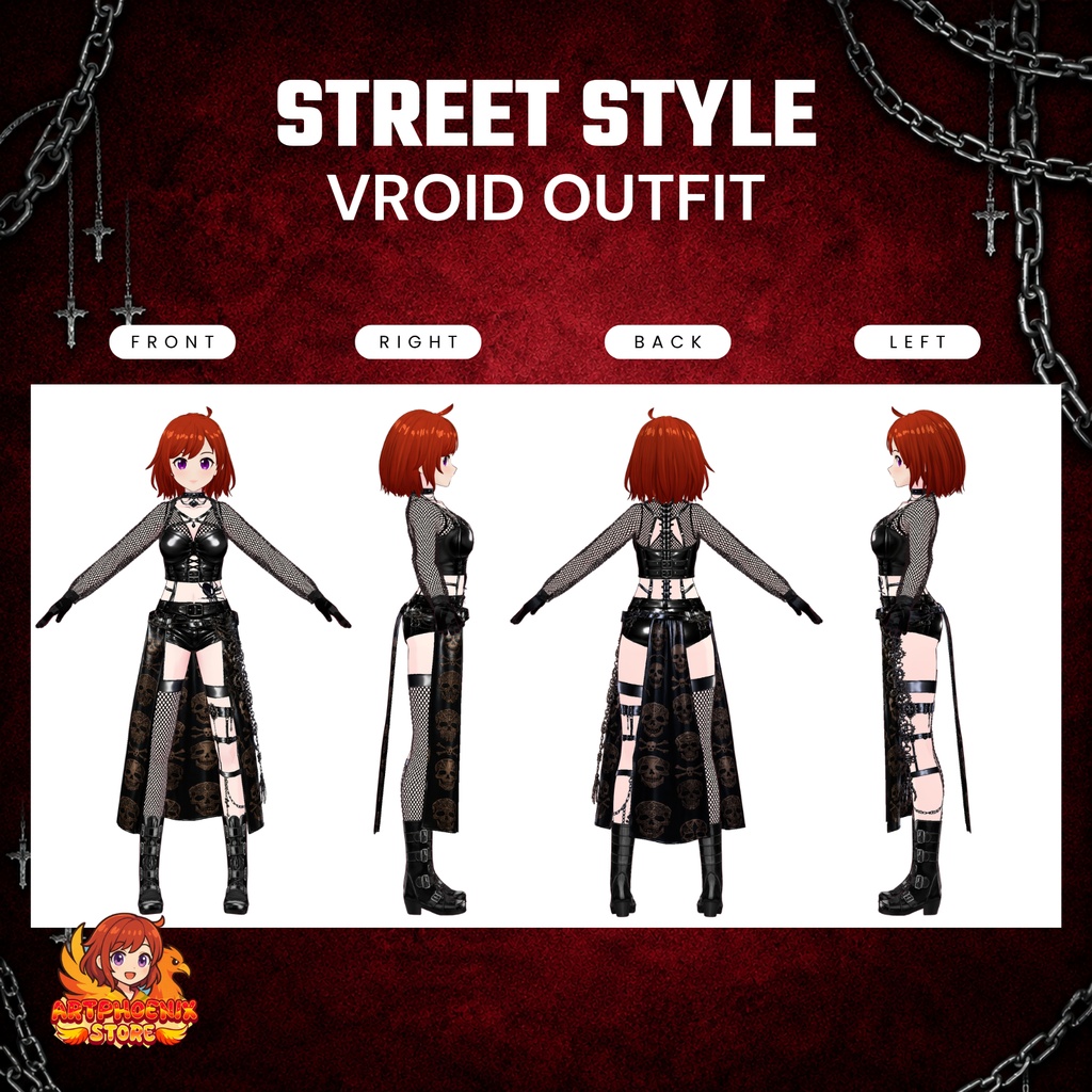 VRoid Gothic Streetwear Outfit | Punk Skull Chain VTuber Clothing (Digital Download)