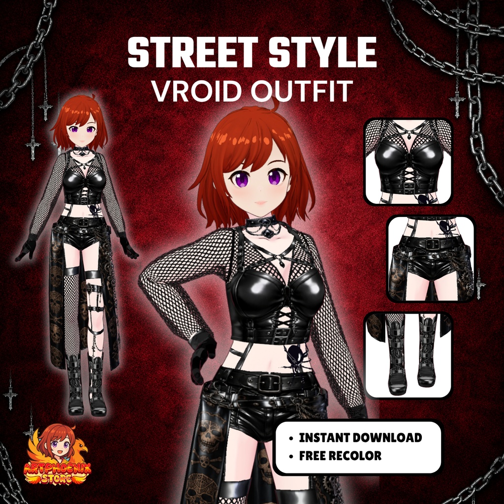 VRoid Gothic Streetwear Outfit | Punk Skull Chain VTuber Clothing (Digital Download)