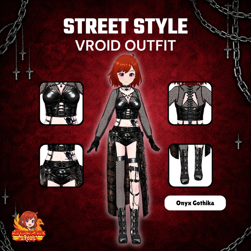 VRoid Gothic Streetwear Outfit | Punk Skull Chain VTuber Clothing (Digital Download)