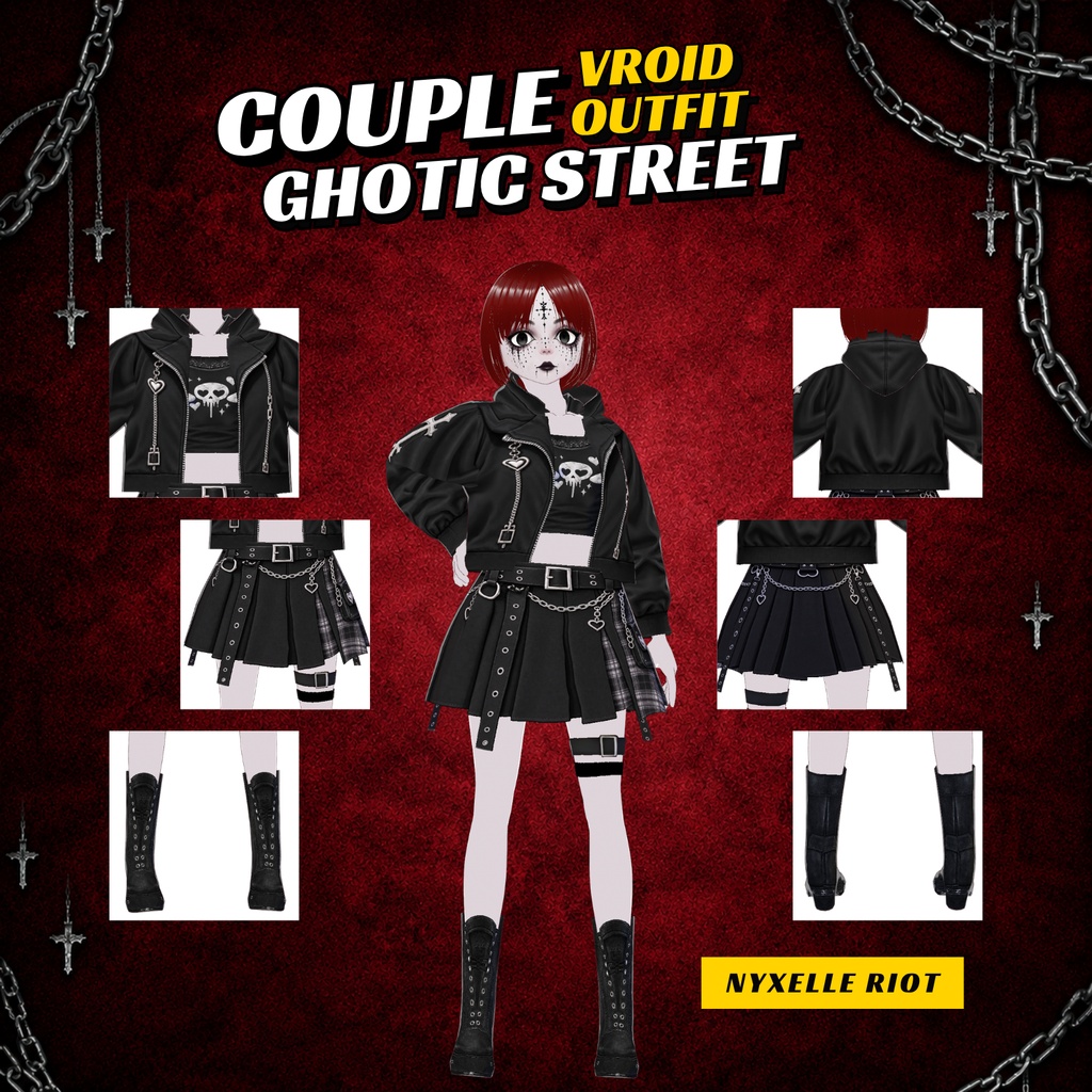 Gothic Clothing Couple Vtuber VRoid Outfit Dark Streetwear Set for Women clothes bundle| 3D Custom for Anime Avatar