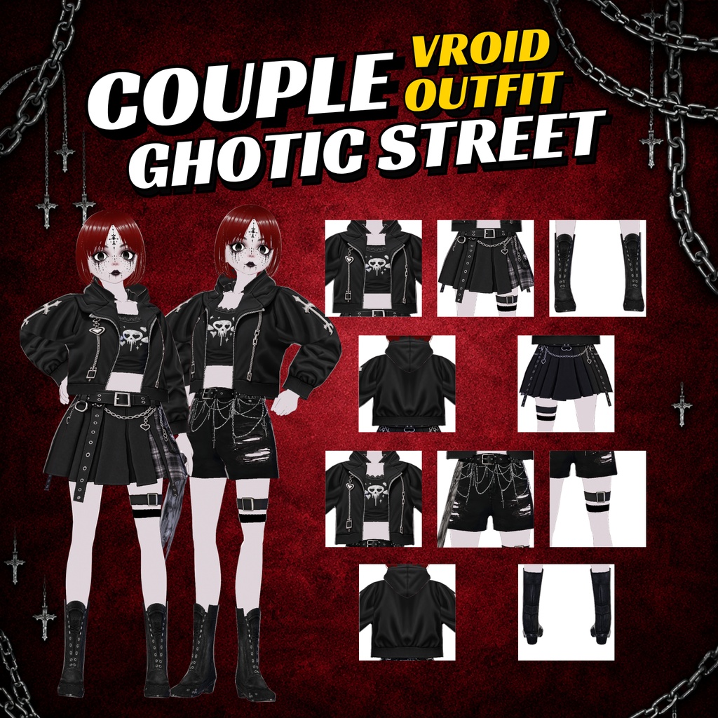 Gothic Clothing Couple Vtuber VRoid Outfit Dark Streetwear Set for Women clothes bundle| 3D Custom for Anime Avatar