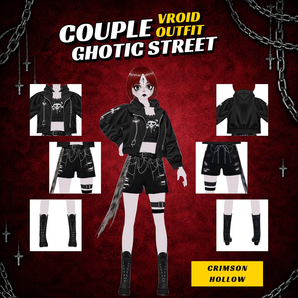 Gothic Clothing Couple Vtuber VRoid Outfit Dark Streetwear Set for Women clothes bundle| 3D Custom for Anime Avatar