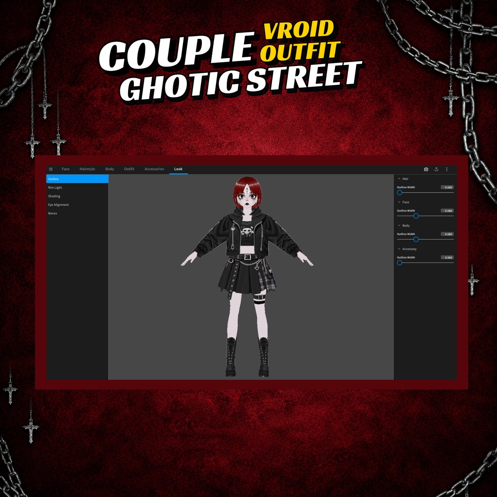 Gothic Clothing Couple Vtuber VRoid Outfit Dark Streetwear Set for Women clothes bundle| 3D Custom for Anime Avatar