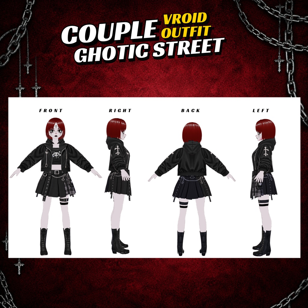 Gothic Clothing Couple Vtuber VRoid Outfit Dark Streetwear Set for Women clothes bundle| 3D Custom for Anime Avatar
