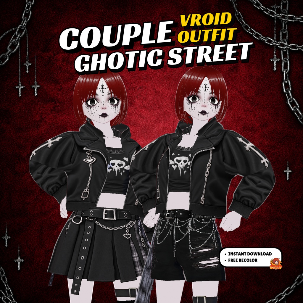 Gothic Clothing Couple Vtuber VRoid Outfit Dark Streetwear Set for Women clothes bundle| 3D Custom for Anime Avatar