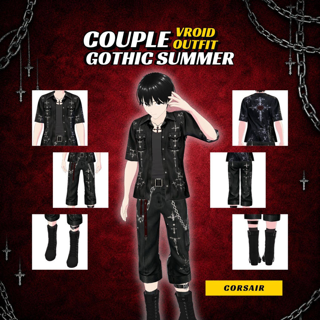 Clothing Couple Goth VRoid Outfits | Dark Academy Cross Prints, Summer VTuber Fashion (Digital Download)