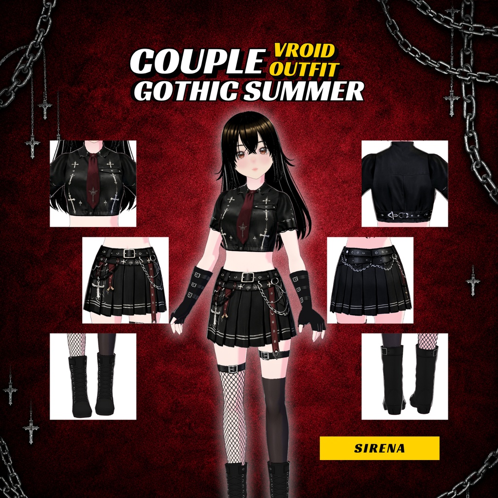 Clothing Couple Goth VRoid Outfits | Dark Academy Cross Prints, Summer VTuber Fashion (Digital Download)