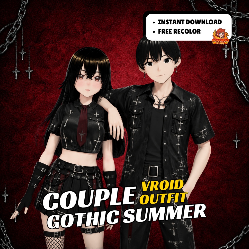 Clothing Couple Goth VRoid Outfits | Dark Academy Cross Prints, Summer VTuber Fashion (Digital Download)