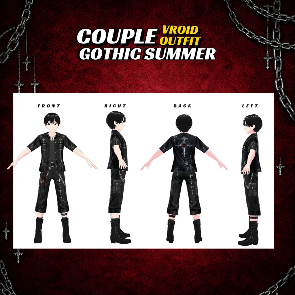 Clothing Couple Goth VRoid Outfits | Dark Academy Cross Prints, Summer VTuber Fashion (Digital Download)