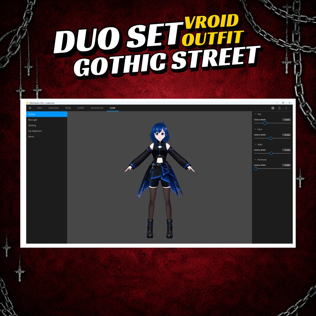 VRoid Outfit Gothic Futuristic | Cyber Got Streetwear Clothing | Dark Fantasy Fashion | VTuber Assets | 3D Custom for Anime Girl Vrm Avatar