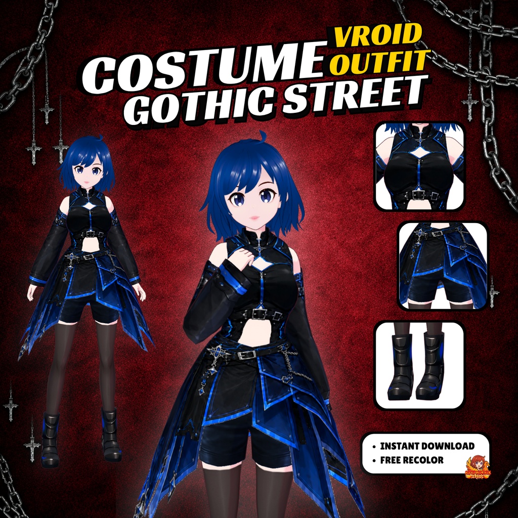 VRoid Outfit Gothic Futuristic | Cyber Got Streetwear Clothing | Dark Fantasy Fashion | VTuber Assets | 3D Custom  for Anime Girl Vrm Avatar
