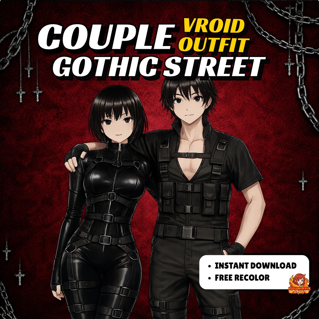 Couple Gothic Street VRoid Outfits | Tactical Cyberpunk Leather VTuber Fashion (Digital Download)