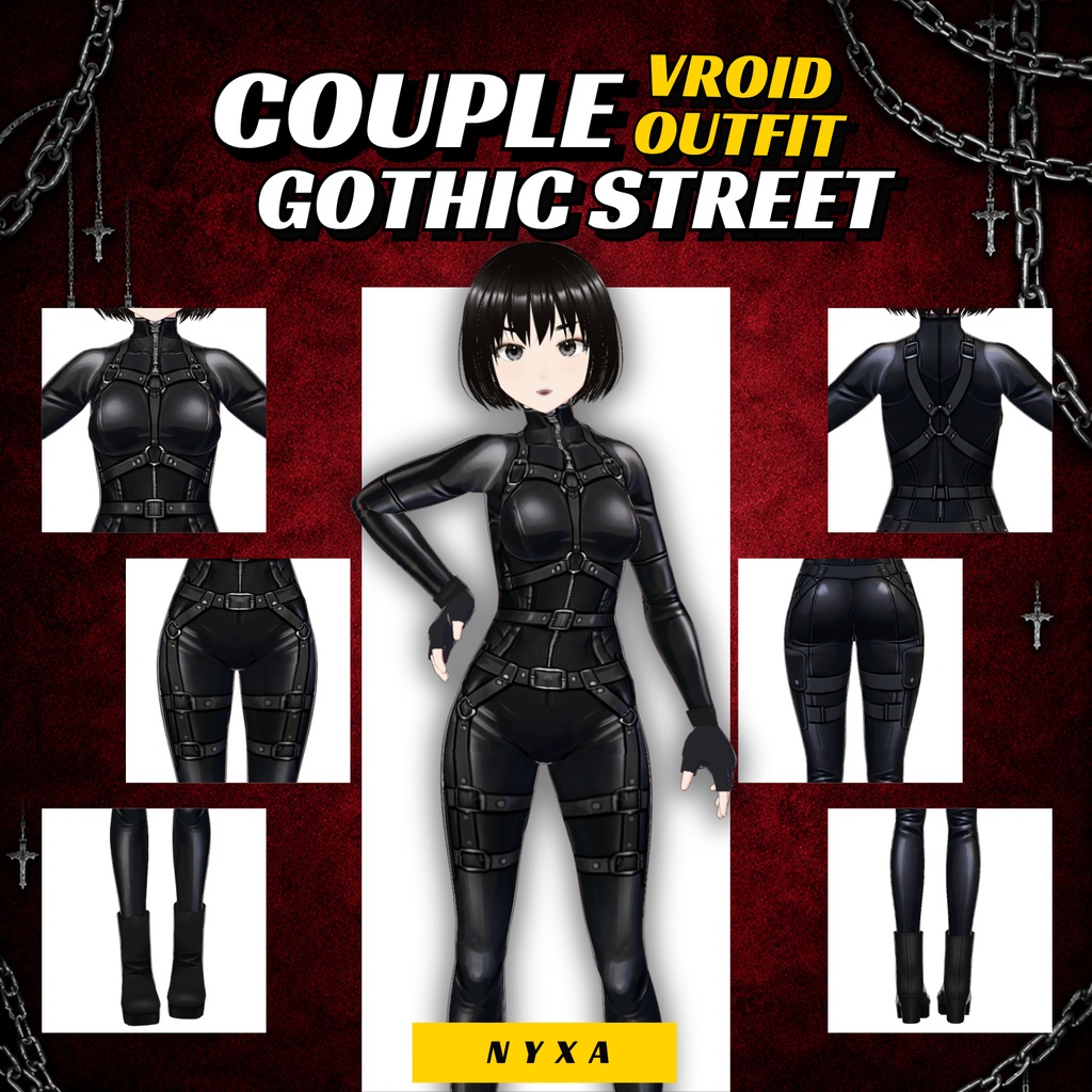 Couple Gothic Street VRoid Outfits | Tactical Cyberpunk Leather VTuber Fashion (Digital Download)