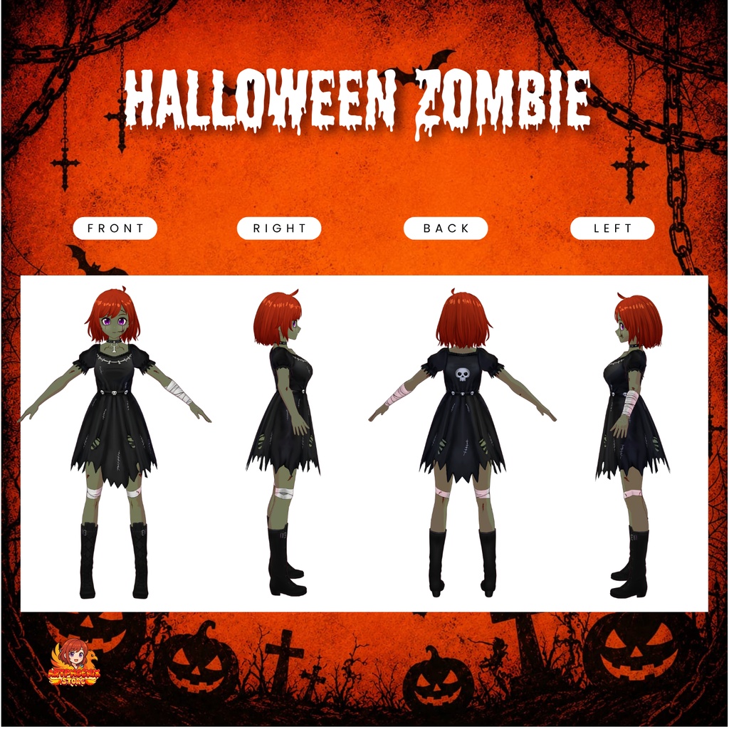 VRoid Halloween Zombie Outfit | Spooky Undead Dress & Skull Belt Set | Horror VTuber Fashion | 3D Custom Clothing for Anime Avatar